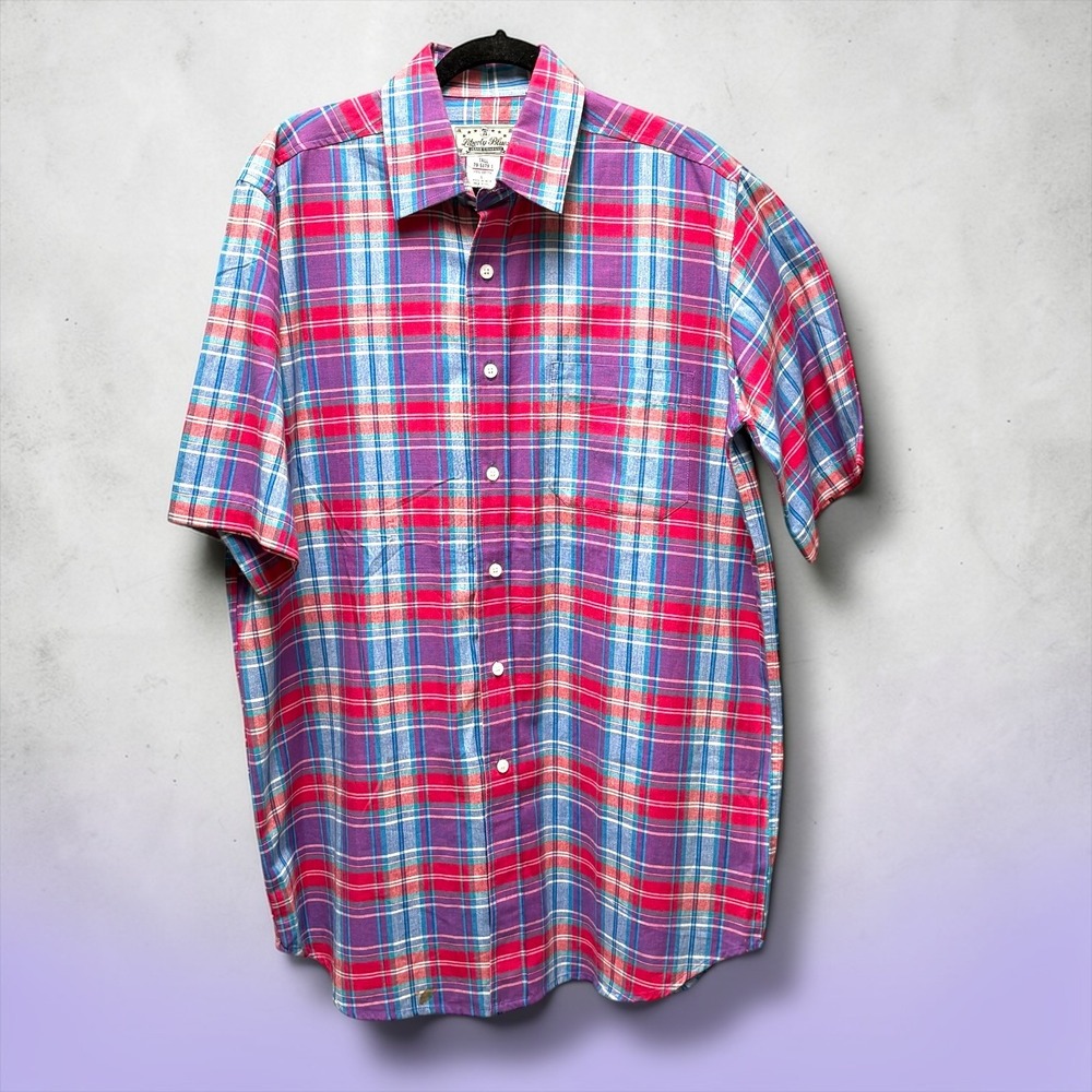 Liberty Blues Mens Tall Large‎ Plaid Short Sleeve Button Down Shirt Red Blue